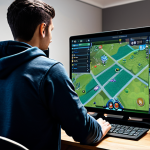A focused young adult male, wearing a modest, dark hoodie and jeans, intensely reviewing gameplay on a large tablet in a clean, professional home gaming setup. The screen displays a tactical view of a mobile game, highlighting strategic positions and movement paths. The room is modern and well-lit, with subtle gaming accents like a high-quality headset on the desk. The atmosphere is one of calm analysis and dedication. fully clothed, modest clothing, appropriate attire, professional dress, safe for work, appropriate content, family-friendly, perfect anatomy, correct proportions, natural pose, well-formed hands, proper finger count, natural body proportions, professional photography, high quality, realistic rendering.